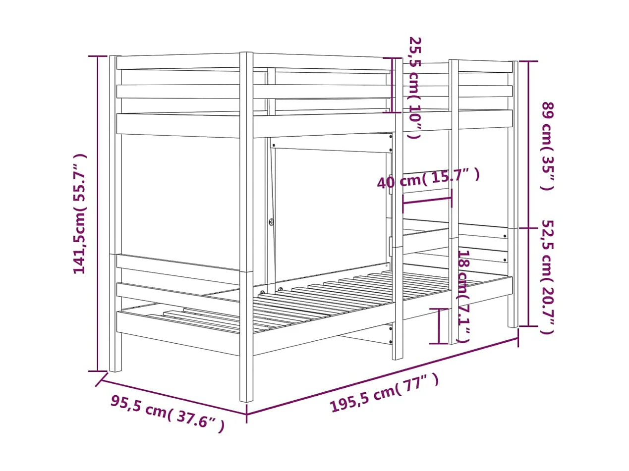 Lit superposé sans matelas 90x190 cm bois de pin massif