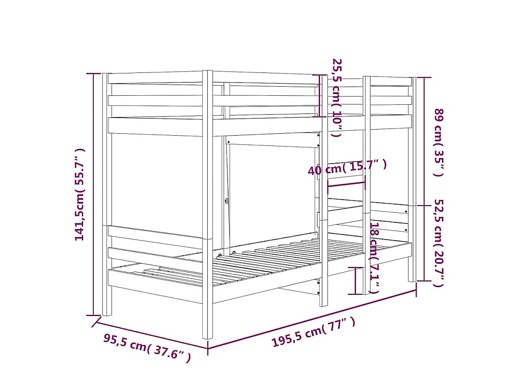 Lit superposé sans matelas 90x190 cm bois de pin massif