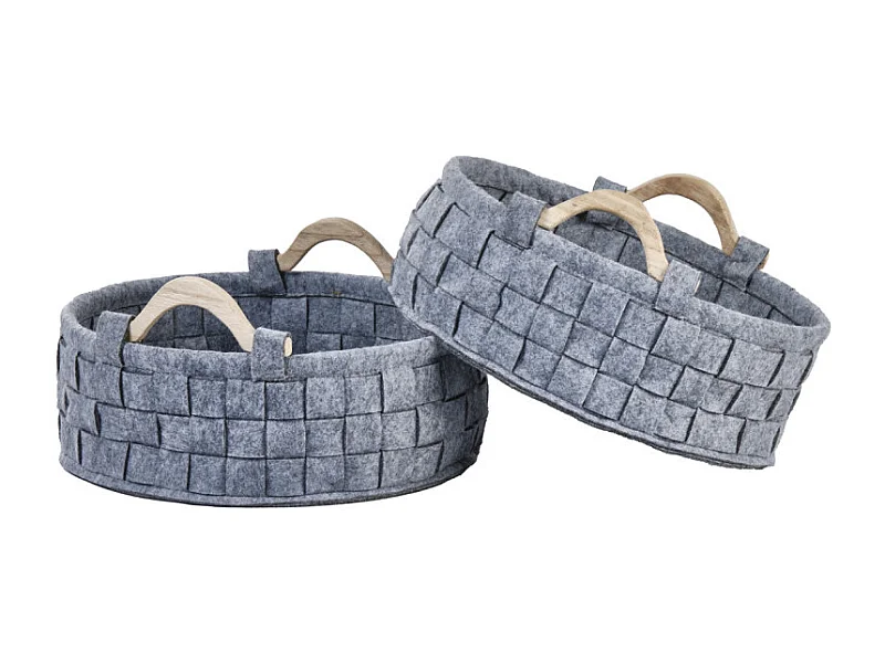 Lot de 2 paniers ronds 32 cm en feutre gris et anses bois - JUAN 9787