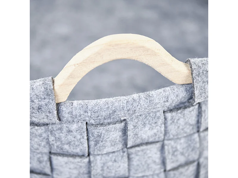 Lot de 2 paniers ronds 32 cm en feutre gris et anses bois - JUAN 9787