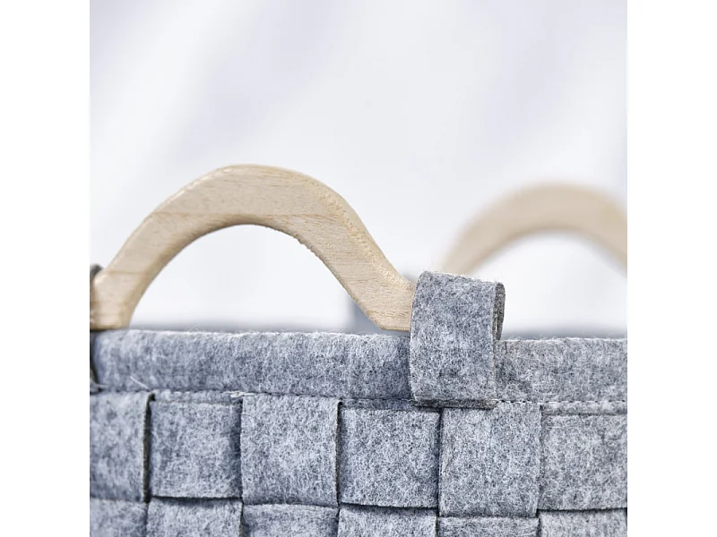 Lot de 2 paniers ronds 32 cm en feutre gris et anses bois - JUAN 9787