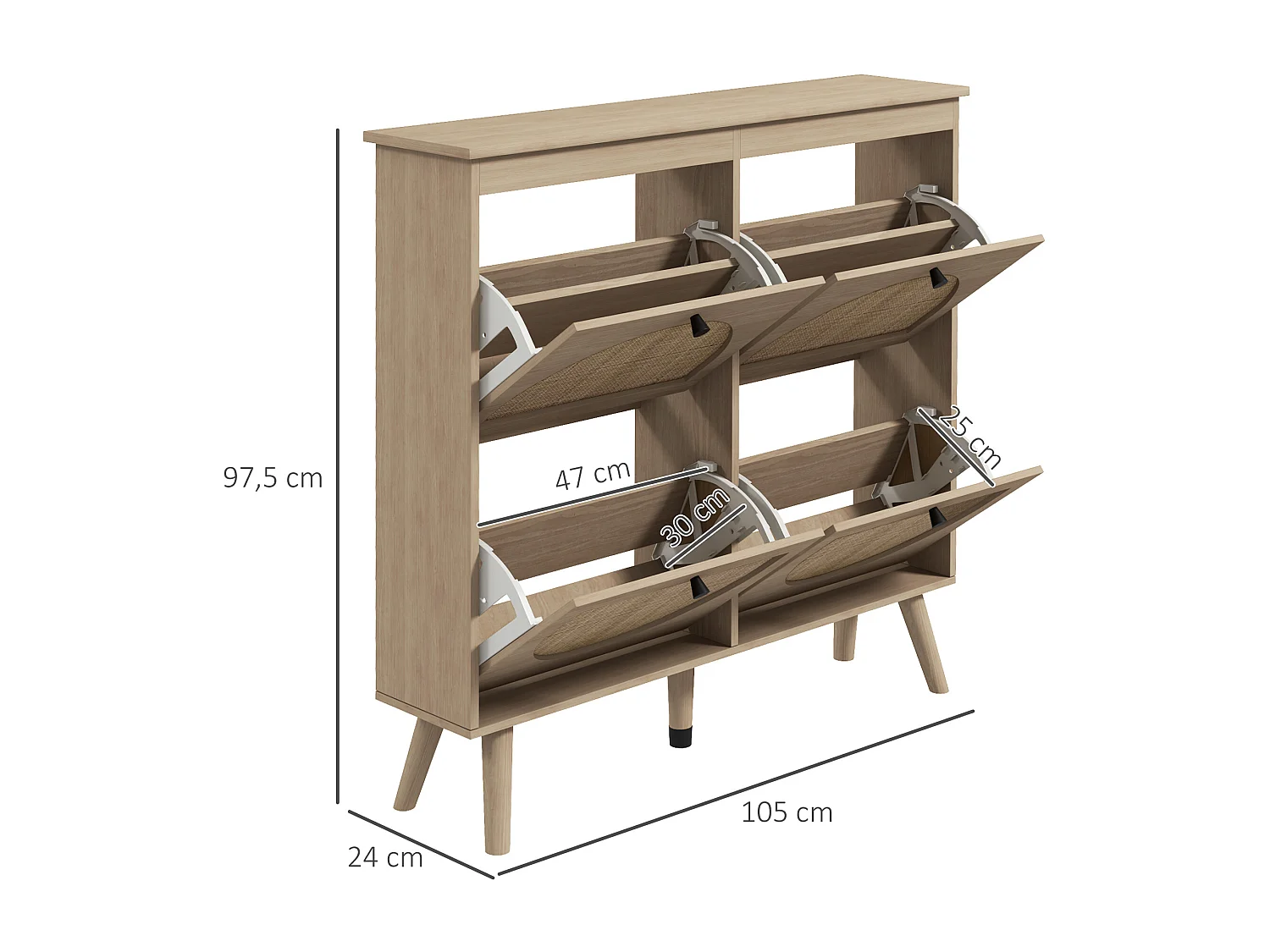 Meuble à chaussures 4 portes abattantes style bohème - façades motif semi-circulaire rotin - pieds bois aspect chêne clair