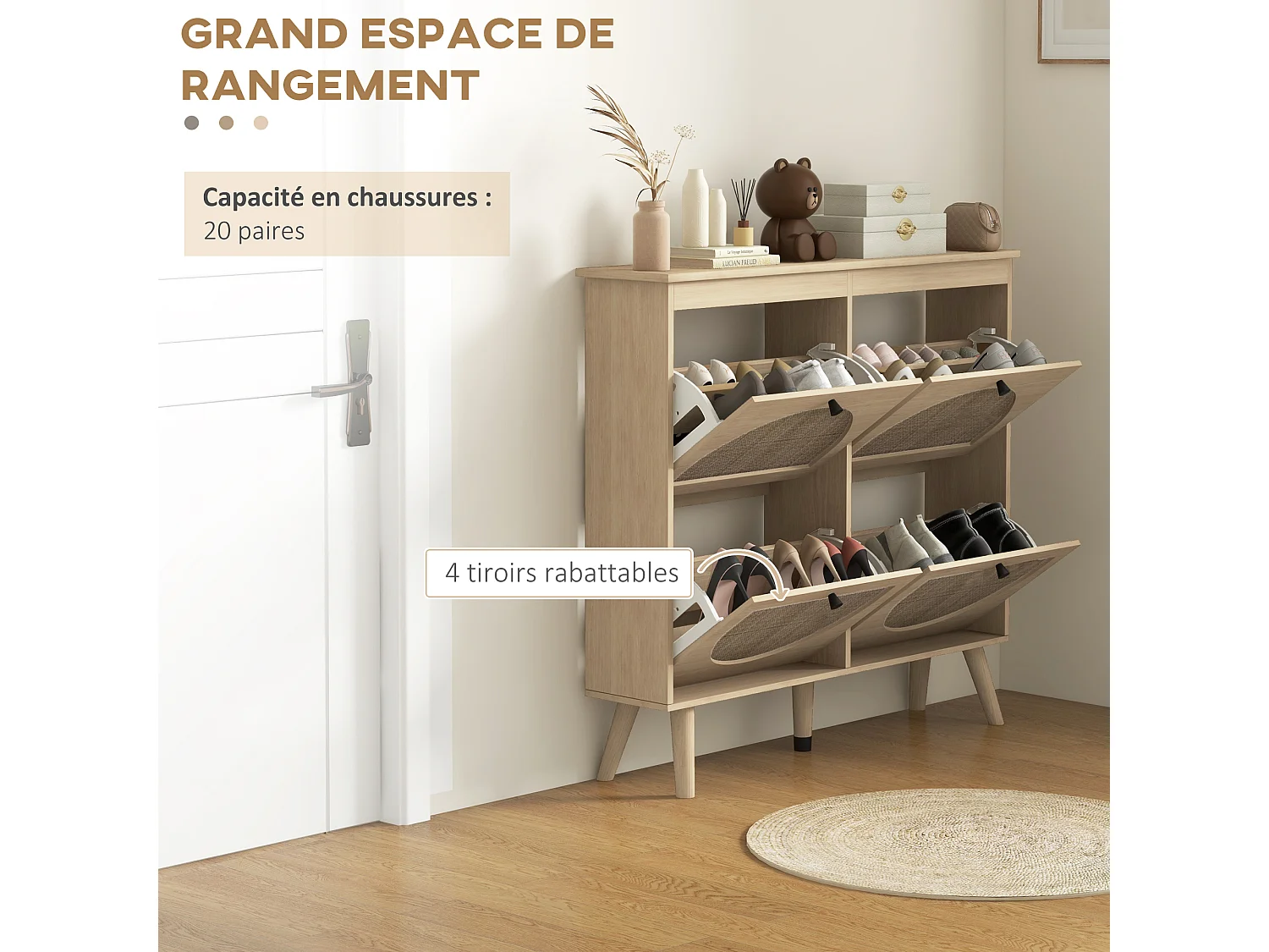 Meuble à chaussures 4 portes abattantes style bohème - façades motif semi-circulaire rotin - pieds bois aspect chêne clair