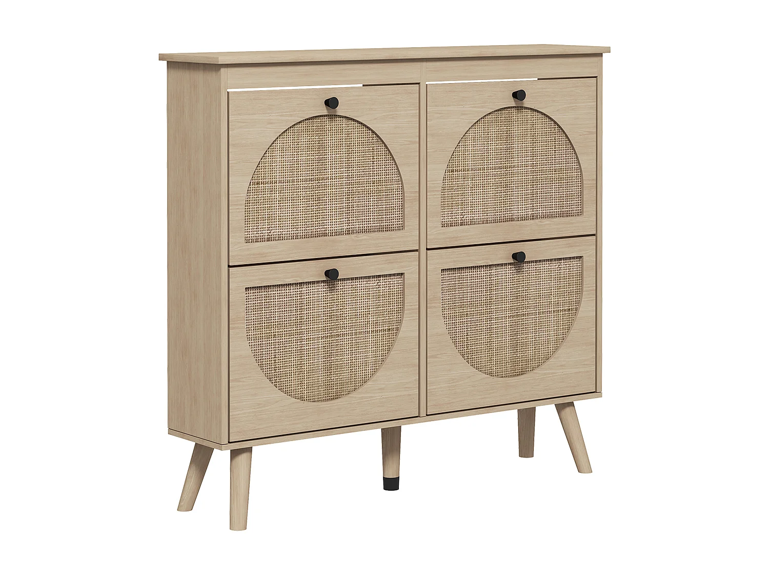 Meuble à chaussures 4 portes abattantes style bohème - façades motif semi-circulaire rotin - pieds bois aspect chêne clair