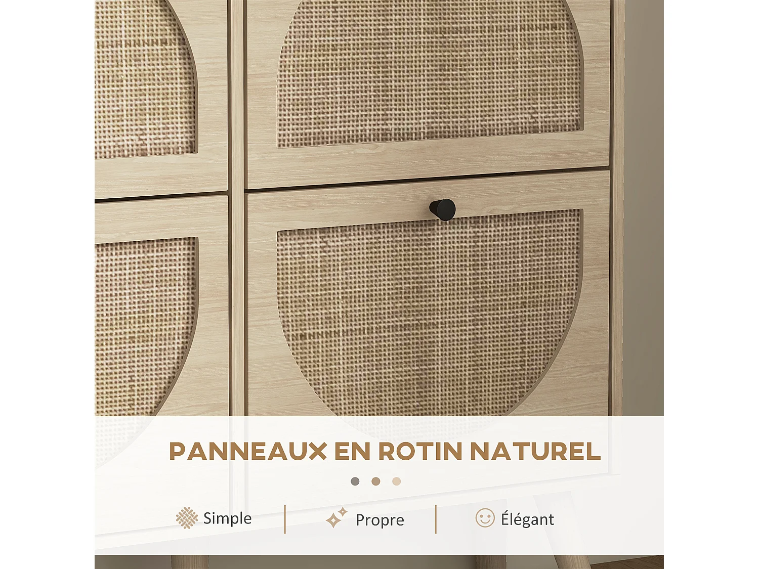 Meuble à chaussures 4 portes abattantes style bohème - façades motif semi-circulaire rotin - pieds bois aspect chêne clair