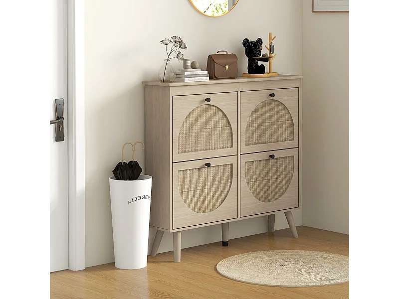 Meuble à chaussures 4 portes abattantes style bohème - façades motif semi-circulaire rotin - pieds bois aspect chêne clair