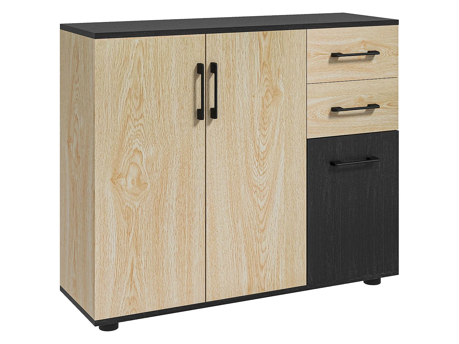 Buffet rangement 3 portes étagère 2 tiroirs coulissants panneaux aspect bois clair noir