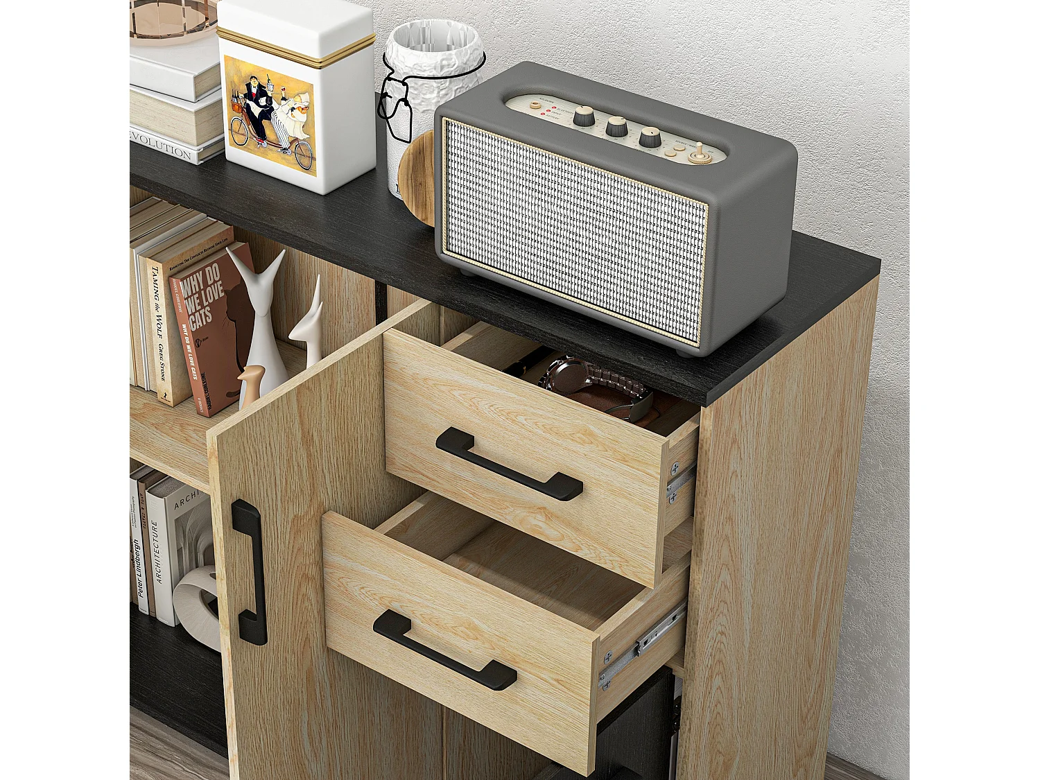 Buffet rangement 3 portes étagère 2 tiroirs coulissants panneaux aspect bois clair noir