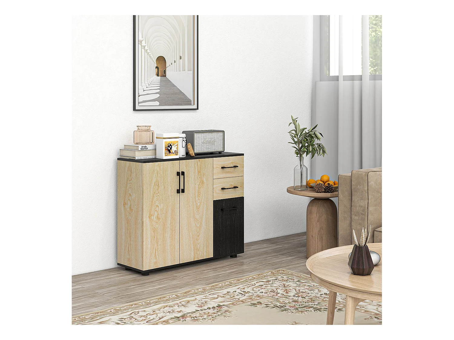 Buffet rangement 3 portes étagère 2 tiroirs coulissants panneaux aspect bois clair noir