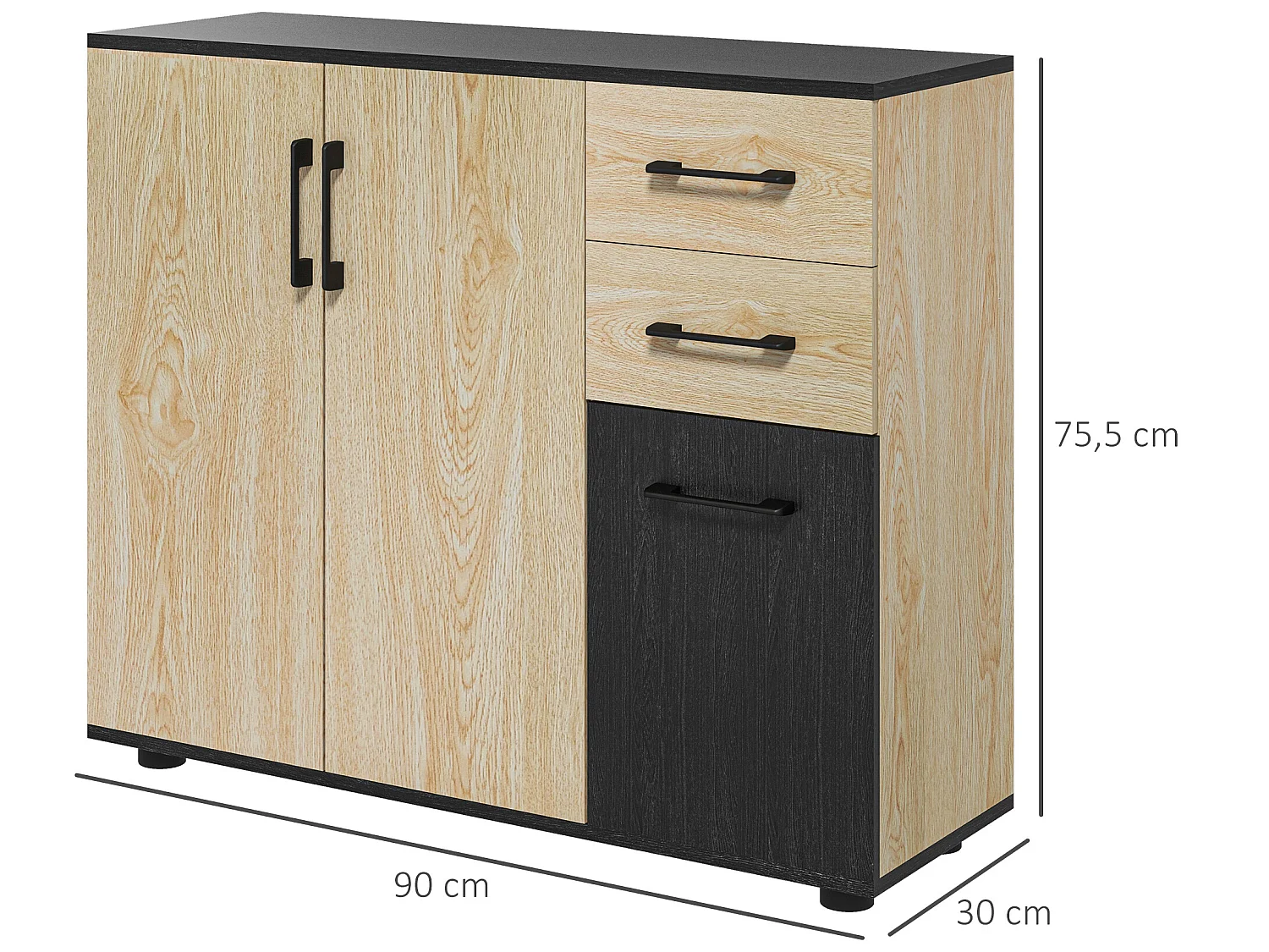 Buffet rangement 3 portes étagère 2 tiroirs coulissants panneaux aspect bois clair noir