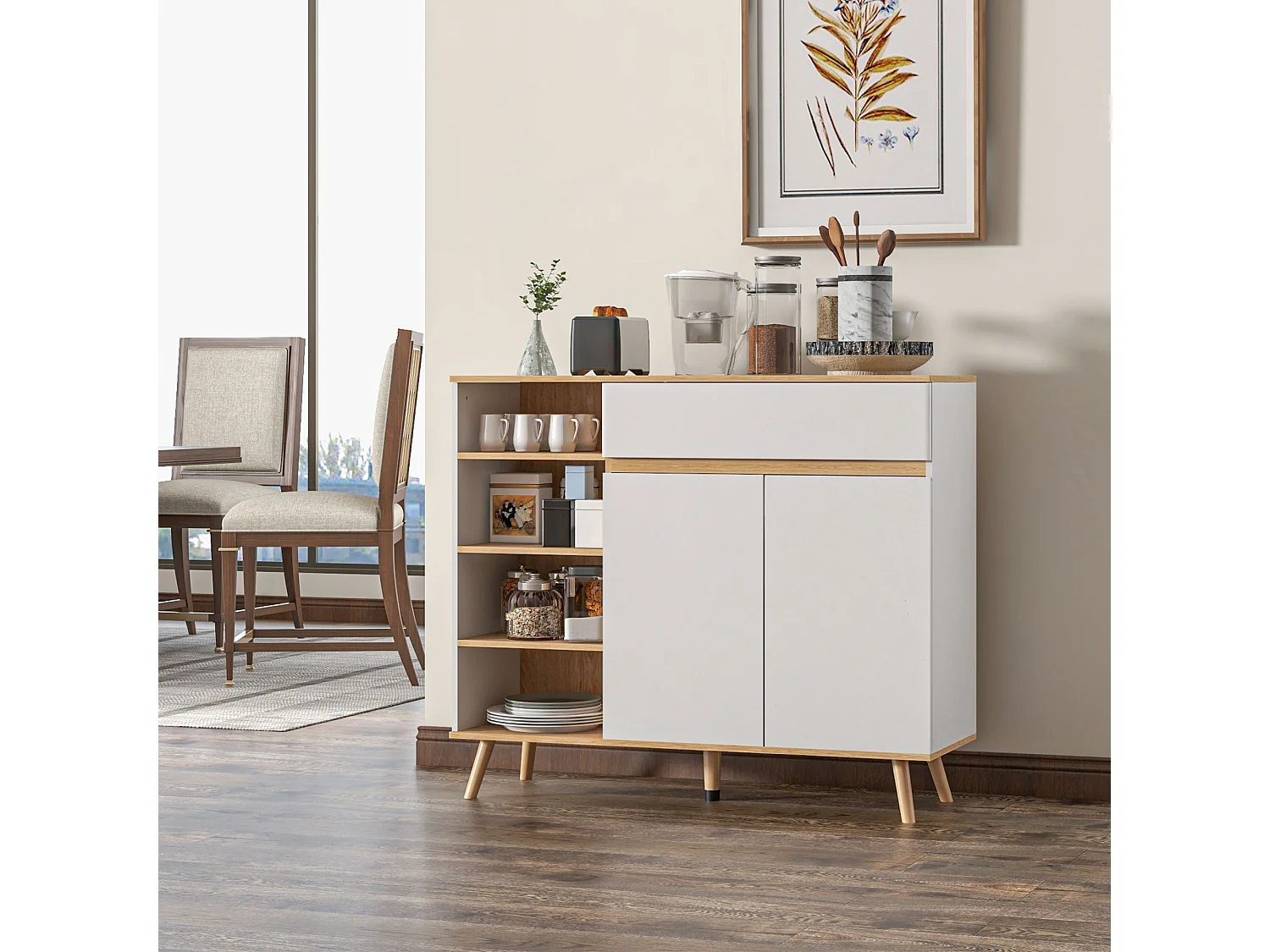 Buffet design scandinave 2 portes tiroir coulissant 4 niches piètement bois de pin panneaux blanc aspect chêne clair
