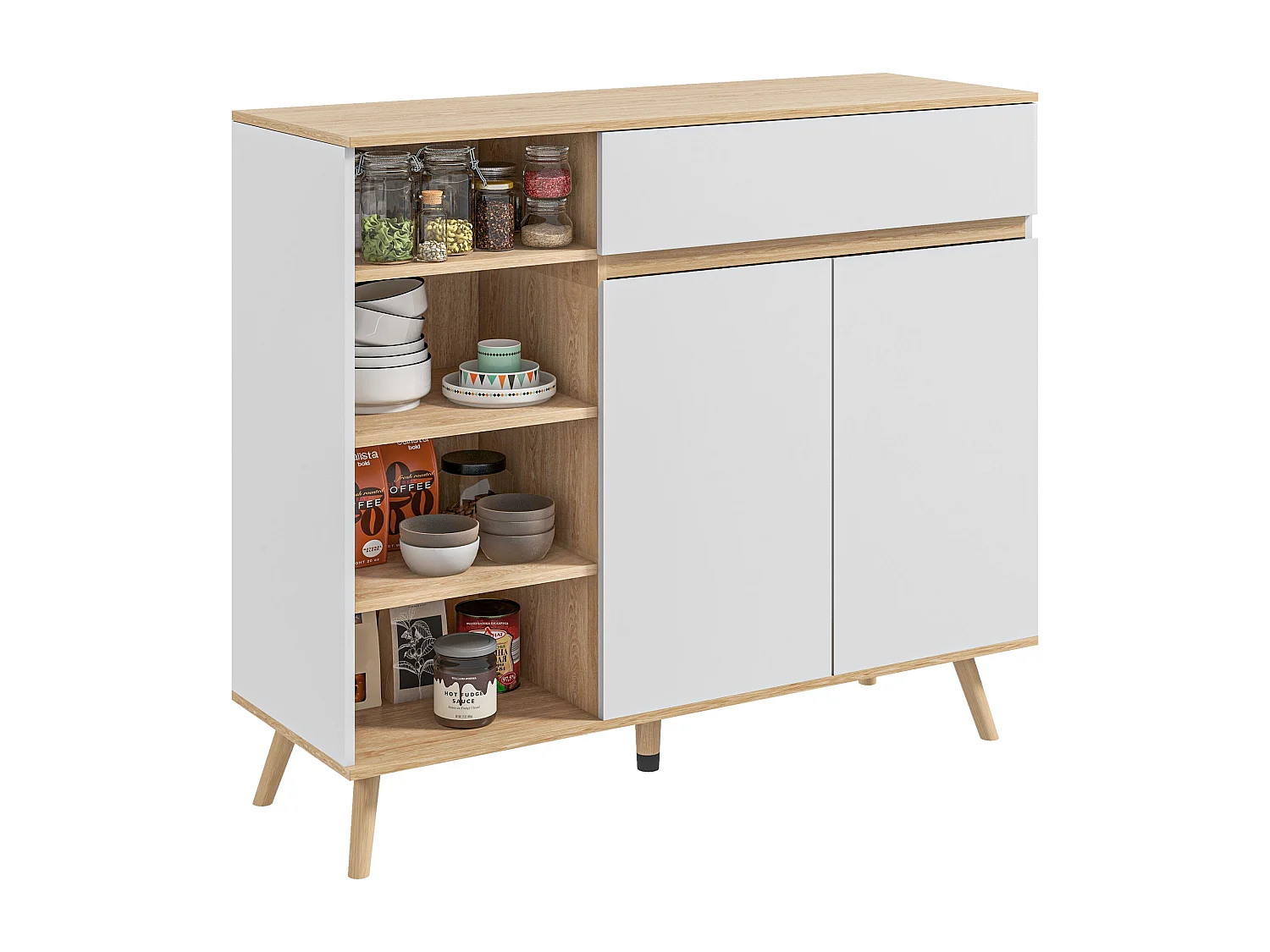 Buffet design scandinave 2 portes tiroir coulissant 4 niches piètement bois de pin panneaux blanc aspect chêne clair