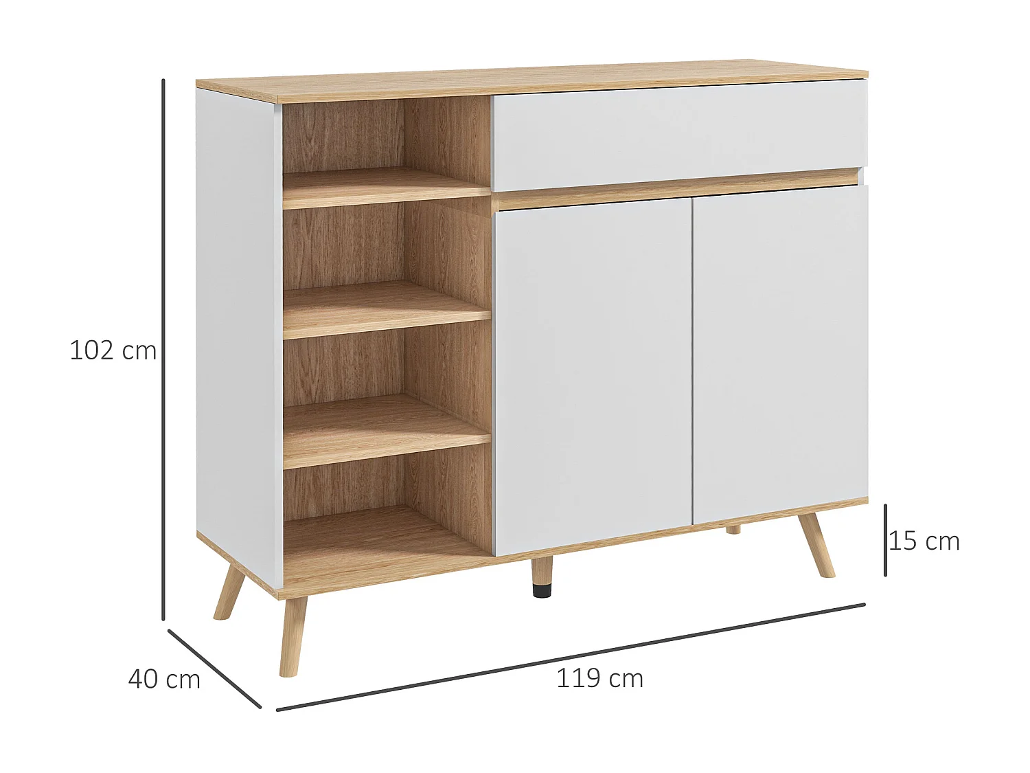 Buffet design scandinave 2 portes tiroir coulissant 4 niches piètement bois de pin panneaux blanc aspect chêne clair