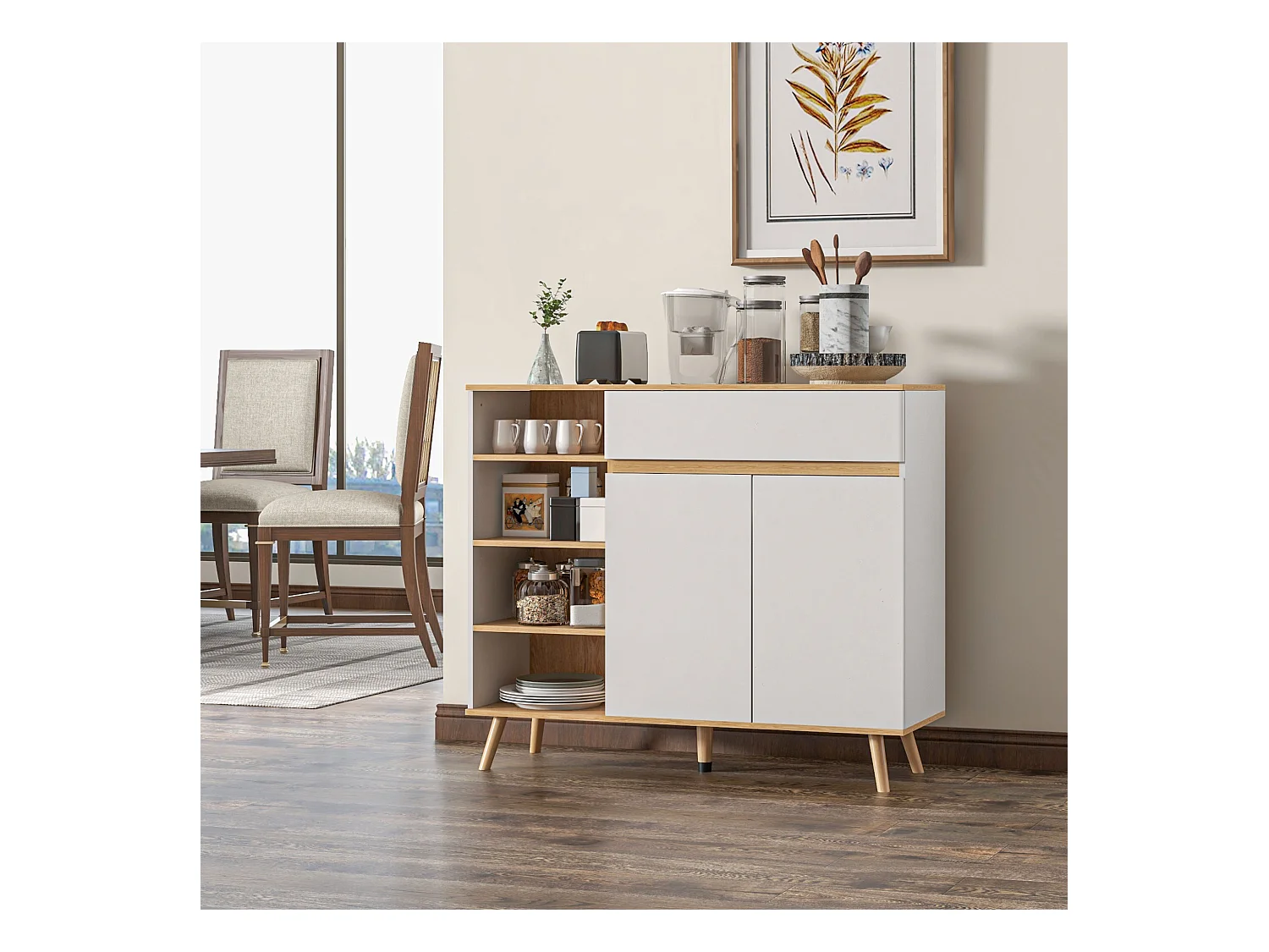 Buffet design scandinave 2 portes tiroir coulissant 4 niches piètement bois de pin panneaux blanc aspect chêne clair