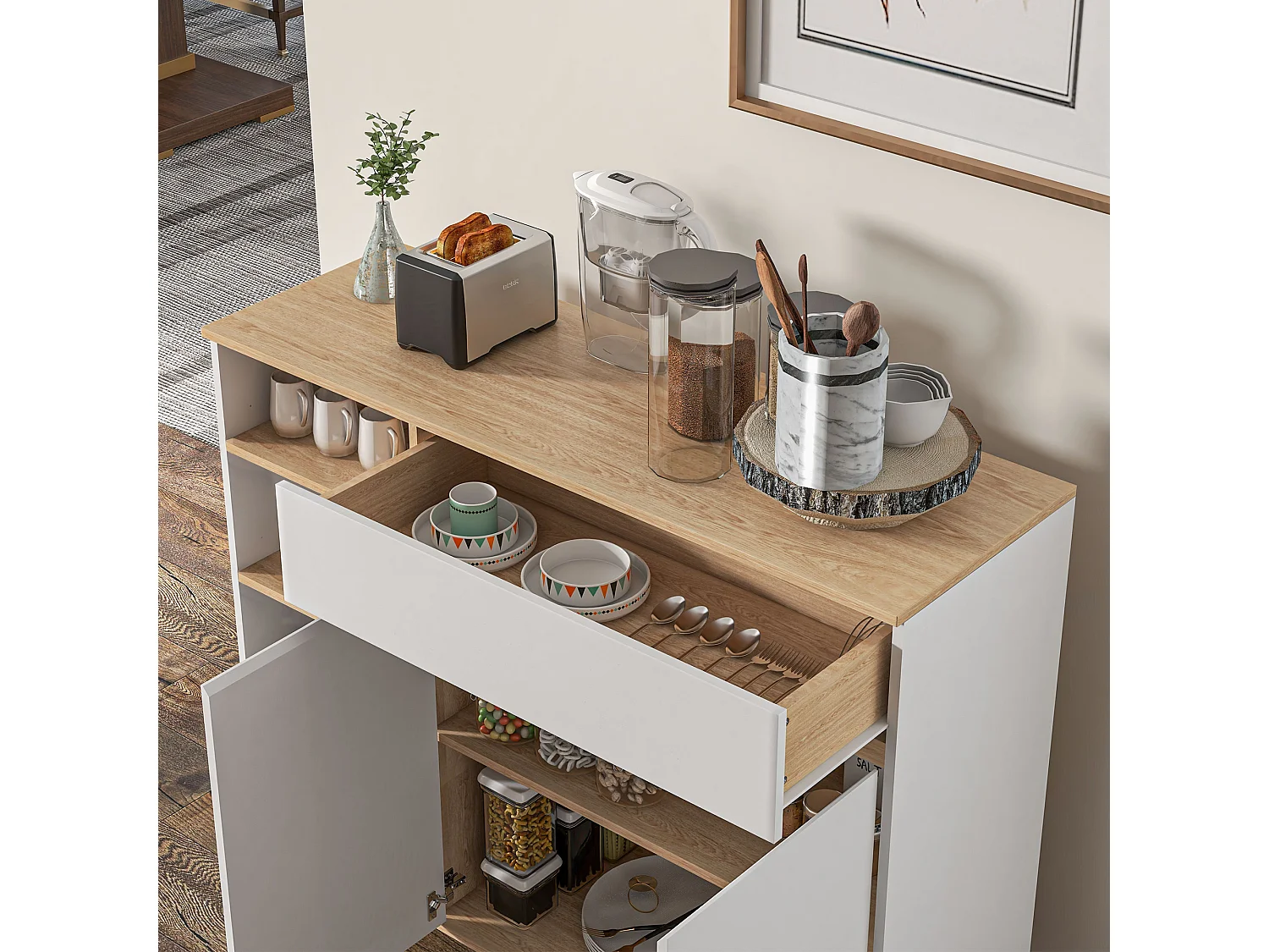 Buffet design scandinave 2 portes tiroir coulissant 4 niches piètement bois de pin panneaux blanc aspect chêne clair