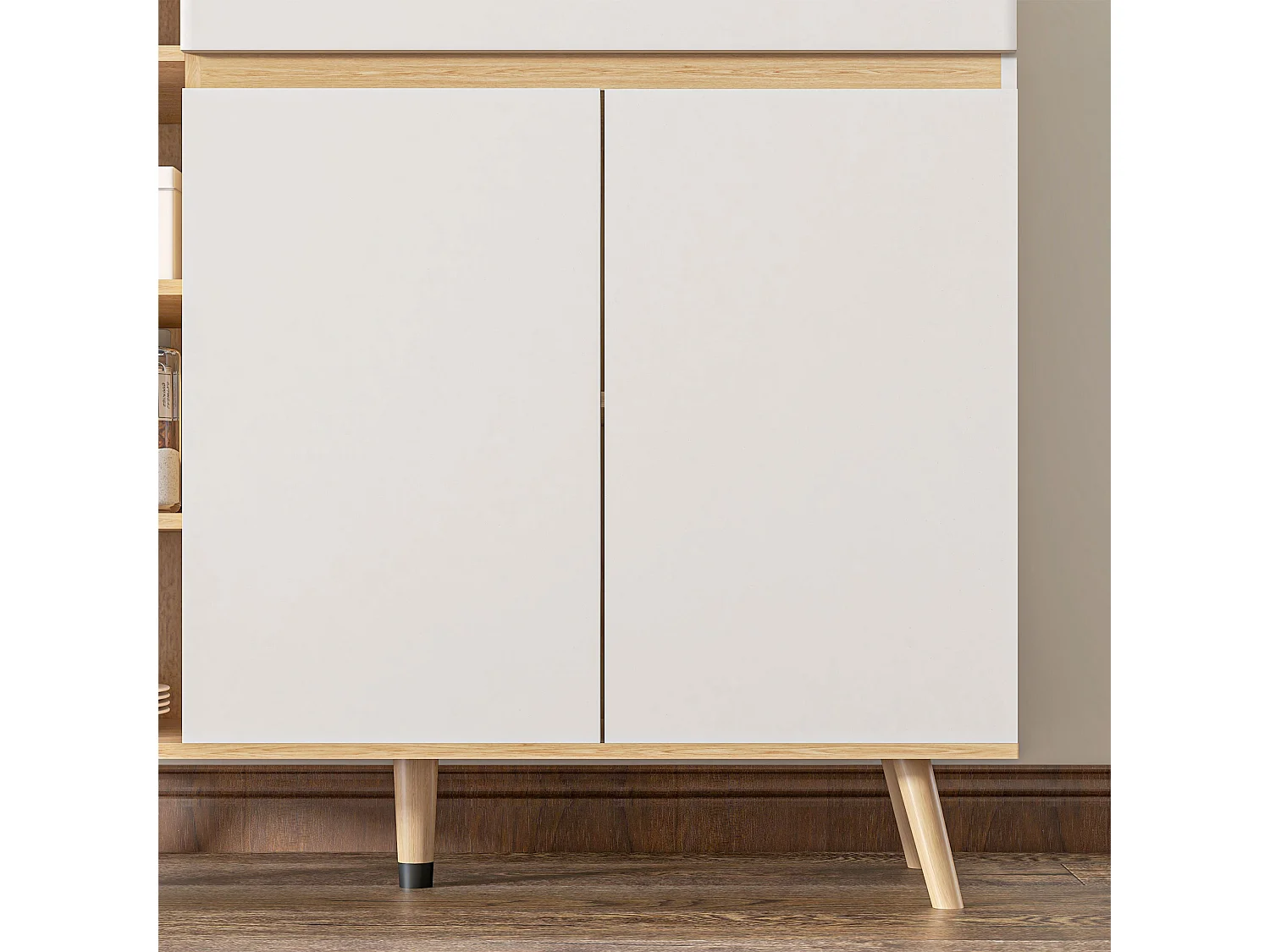 Buffet design scandinave 2 portes tiroir coulissant 4 niches piètement bois de pin panneaux blanc aspect chêne clair