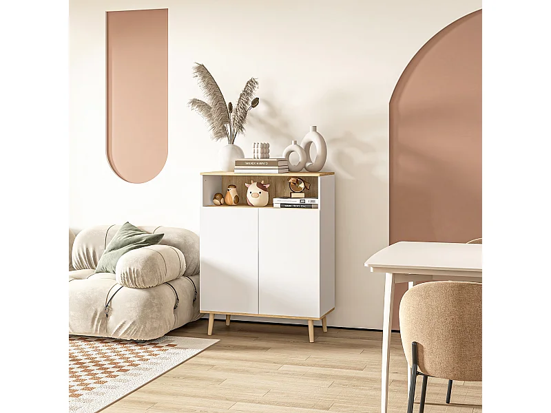 Buffet rangement design scandinave 2 portes étagère niche piètement bois pin panneaux blanc aspect chêne clair