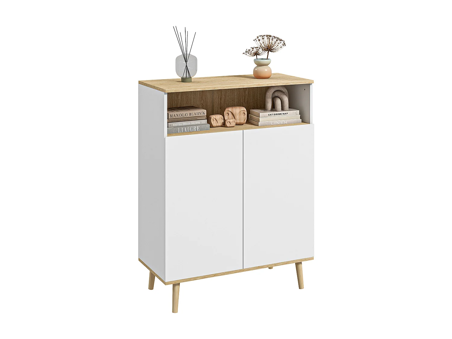 Buffet rangement design scandinave 2 portes étagère niche piètement bois pin panneaux blanc aspect chêne clair