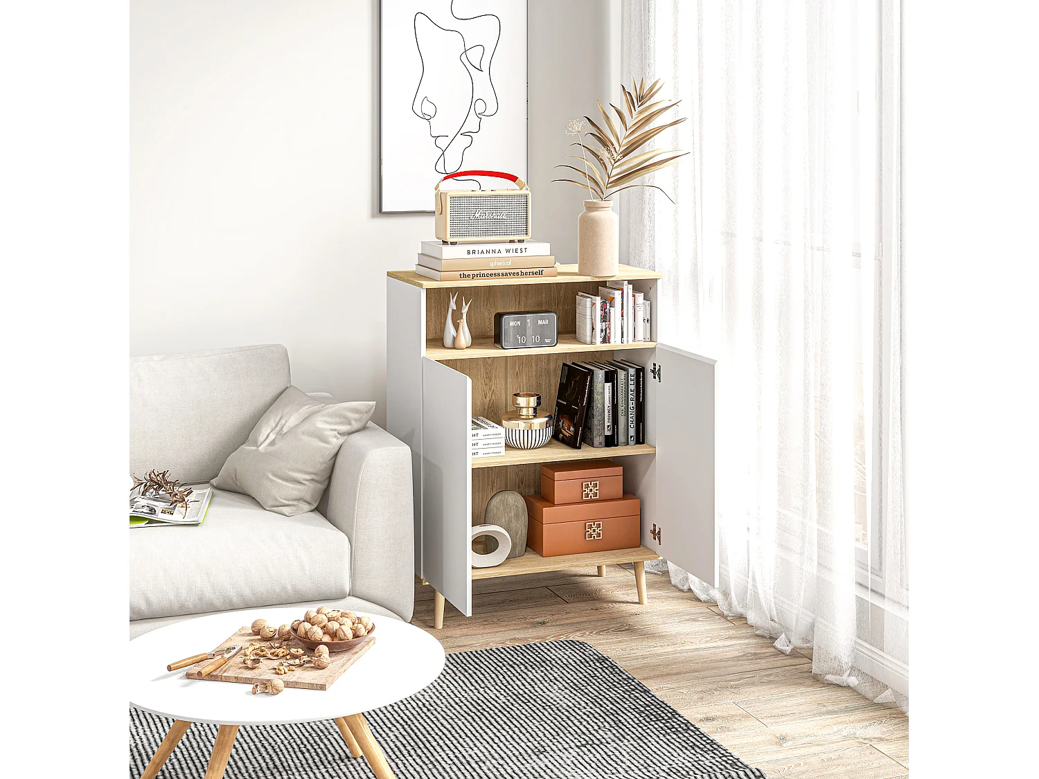Buffet rangement design scandinave 2 portes étagère niche piètement bois pin panneaux blanc aspect chêne clair
