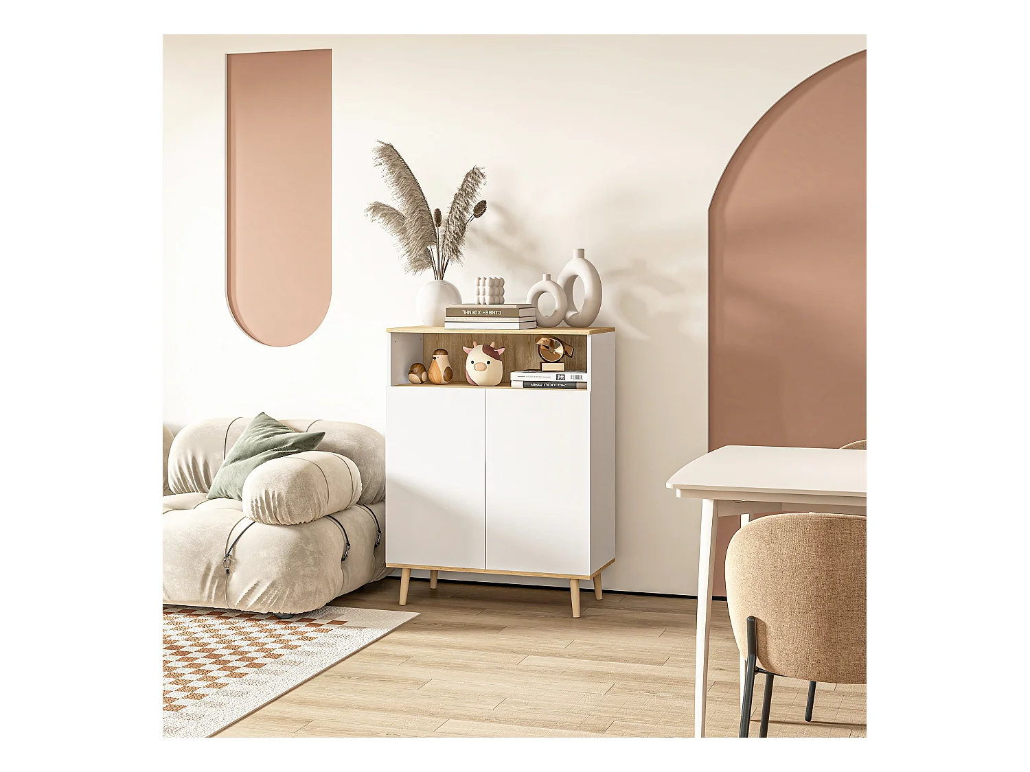 Buffet rangement design scandinave 2 portes étagère niche piètement bois pin panneaux blanc aspect chêne clair