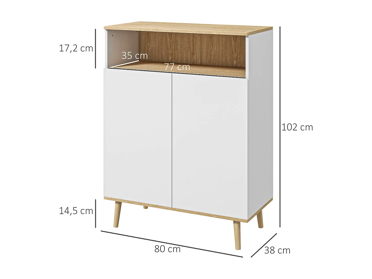 Buffet rangement design scandinave 2 portes étagère niche piètement bois pin panneaux blanc aspect chêne clair