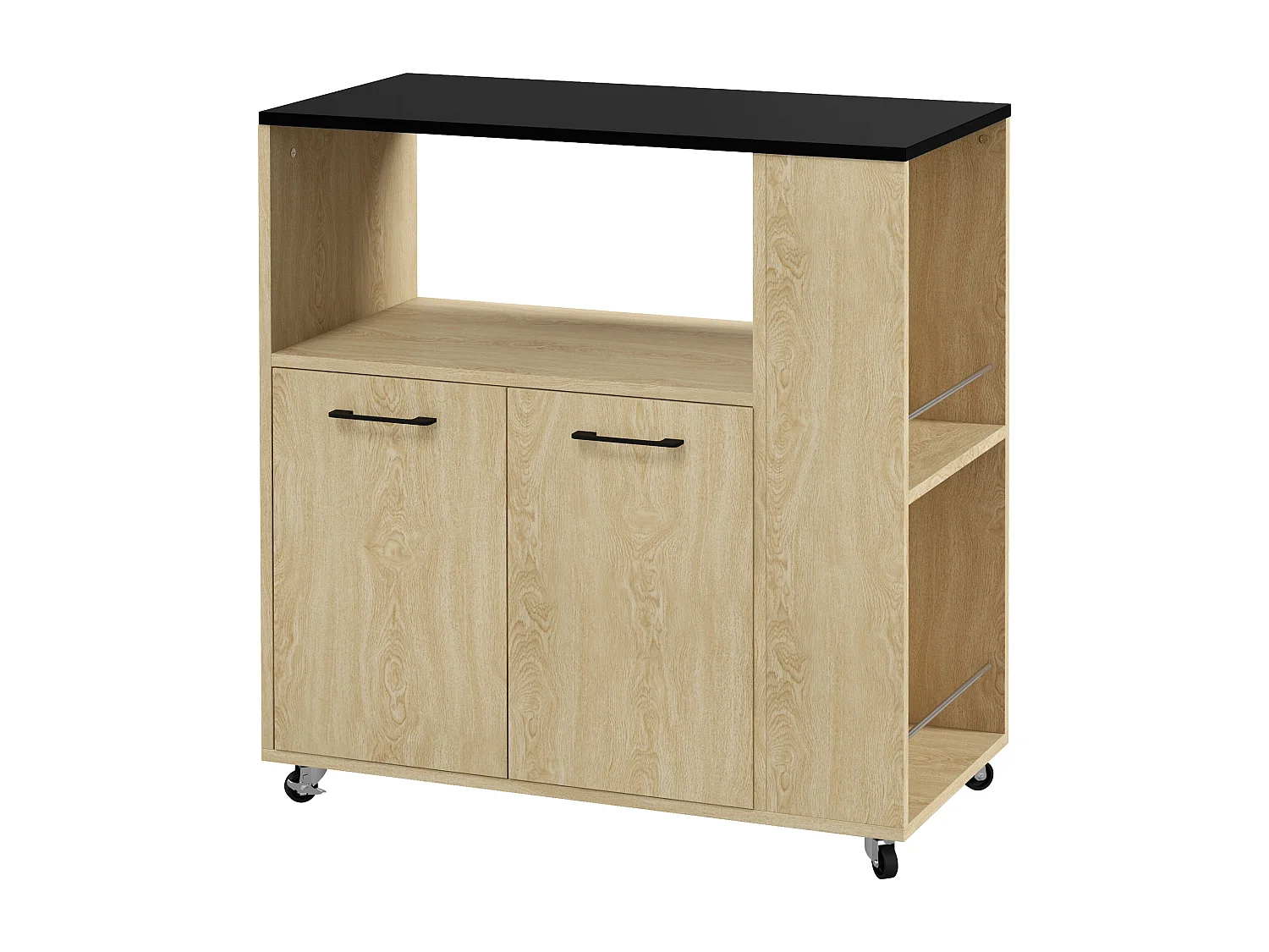 Desserte de cuisine multi-rangement 2 portes, étagère, niche, plateau, 2 porte-épices noir aspect chêne clair