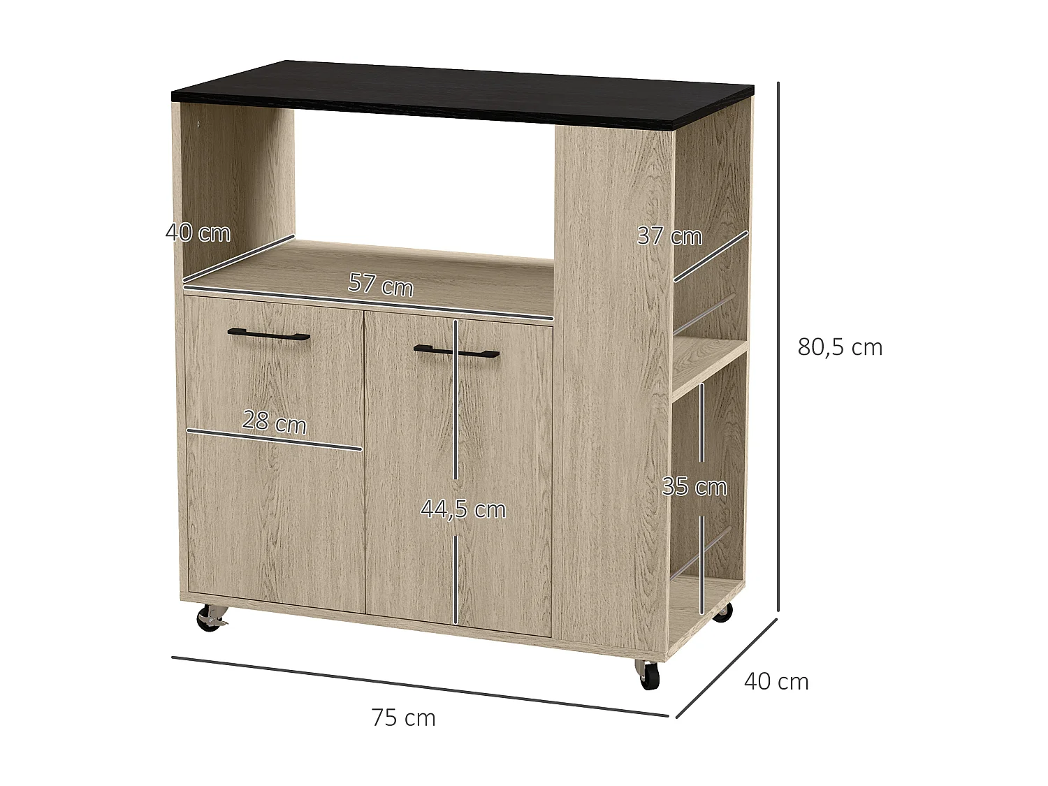 Desserte de cuisine multi-rangement 2 portes, étagère, niche, plateau, 2 porte-épices noir aspect chêne clair