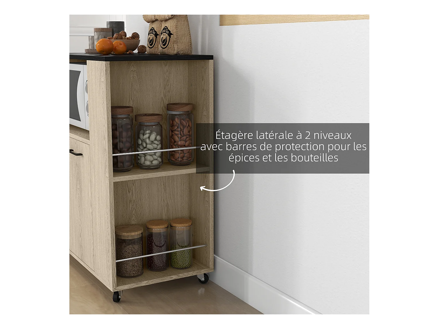 Desserte de cuisine multi-rangement 2 portes, étagère, niche, plateau, 2 porte-épices noir aspect chêne clair