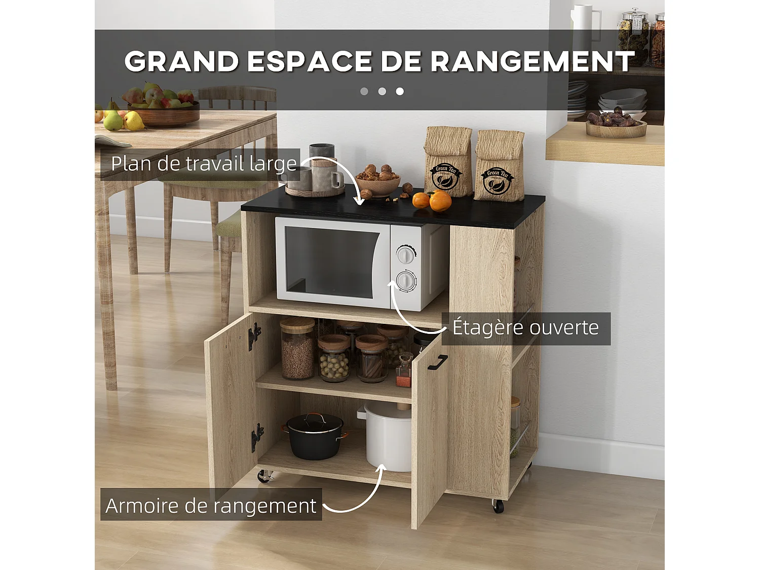 Desserte de cuisine multi-rangement 2 portes, étagère, niche, plateau, 2 porte-épices noir aspect chêne clair