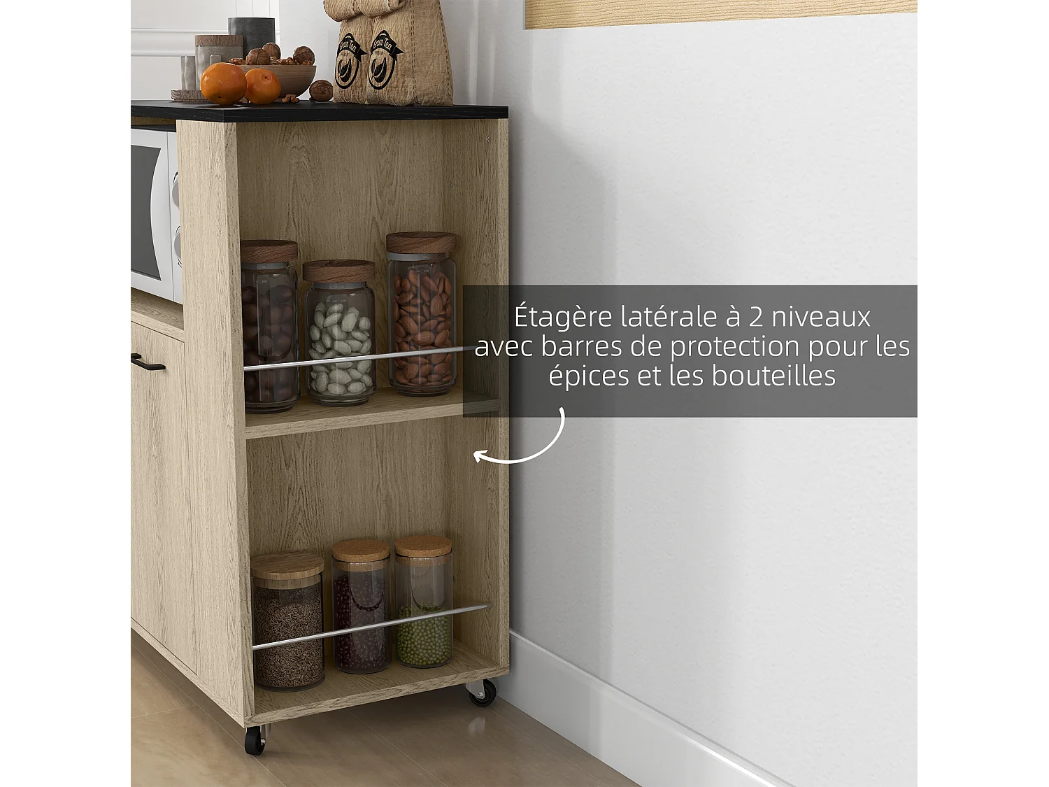 Desserte de cuisine multi-rangement 2 portes, étagère, niche, plateau, 2 porte-épices noir aspect chêne clair