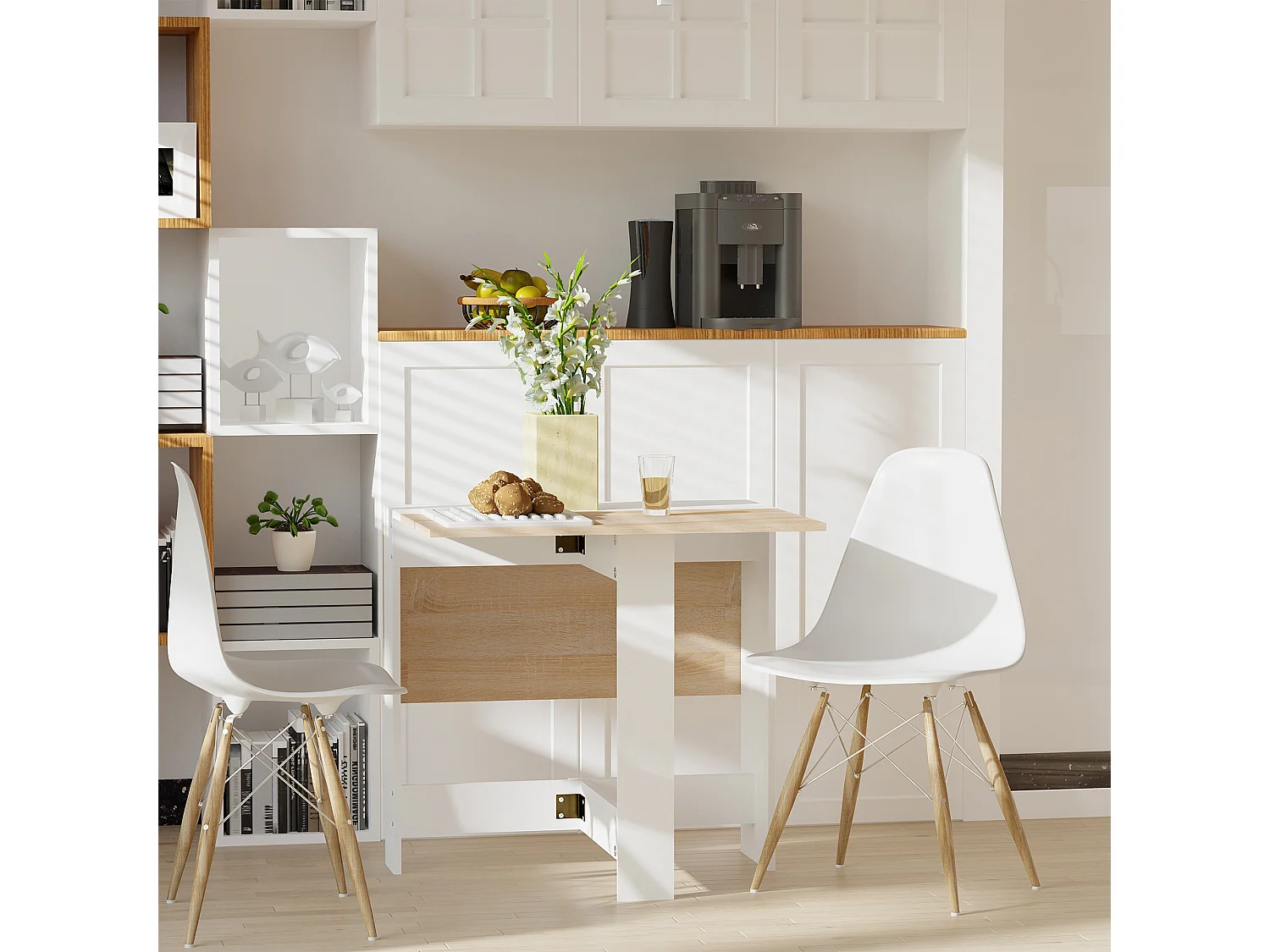 HOMCOM Table de cuisine pliable 103L x 76l x 74H cm panneaux particules bicolore chêne blanc