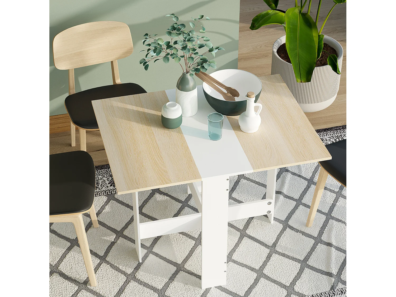 HOMCOM Table de cuisine pliable 103L x 76l x 74H cm panneaux particules bicolore chêne blanc