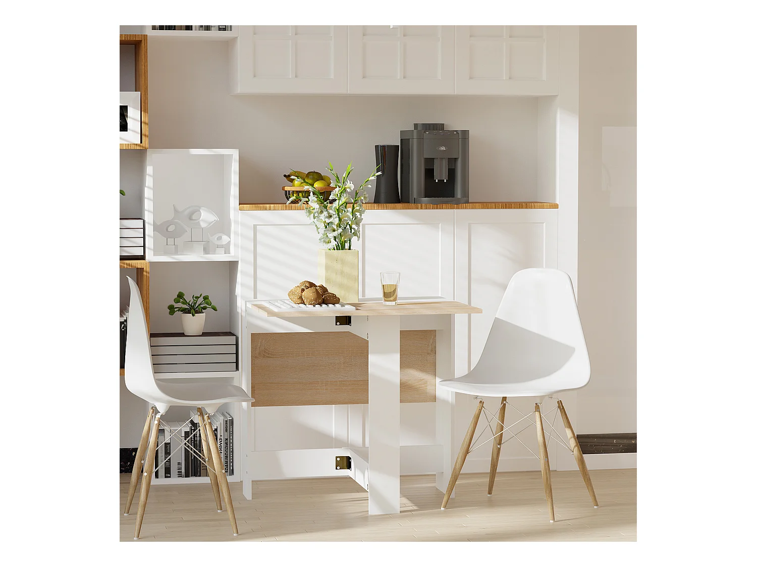 HOMCOM Table de cuisine pliable 103L x 76l x 74H cm panneaux particules bicolore chêne blanc