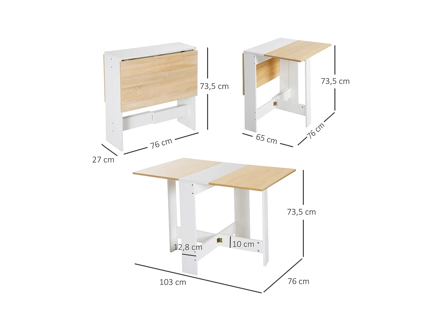 HOMCOM Table de cuisine pliable 103L x 76l x 74H cm panneaux particules bicolore chêne blanc