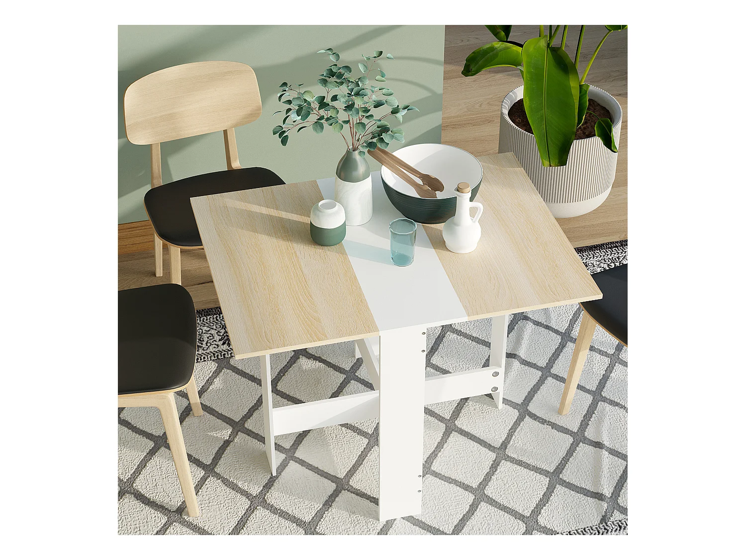 HOMCOM Table de cuisine pliable 103L x 76l x 74H cm panneaux particules bicolore chêne blanc