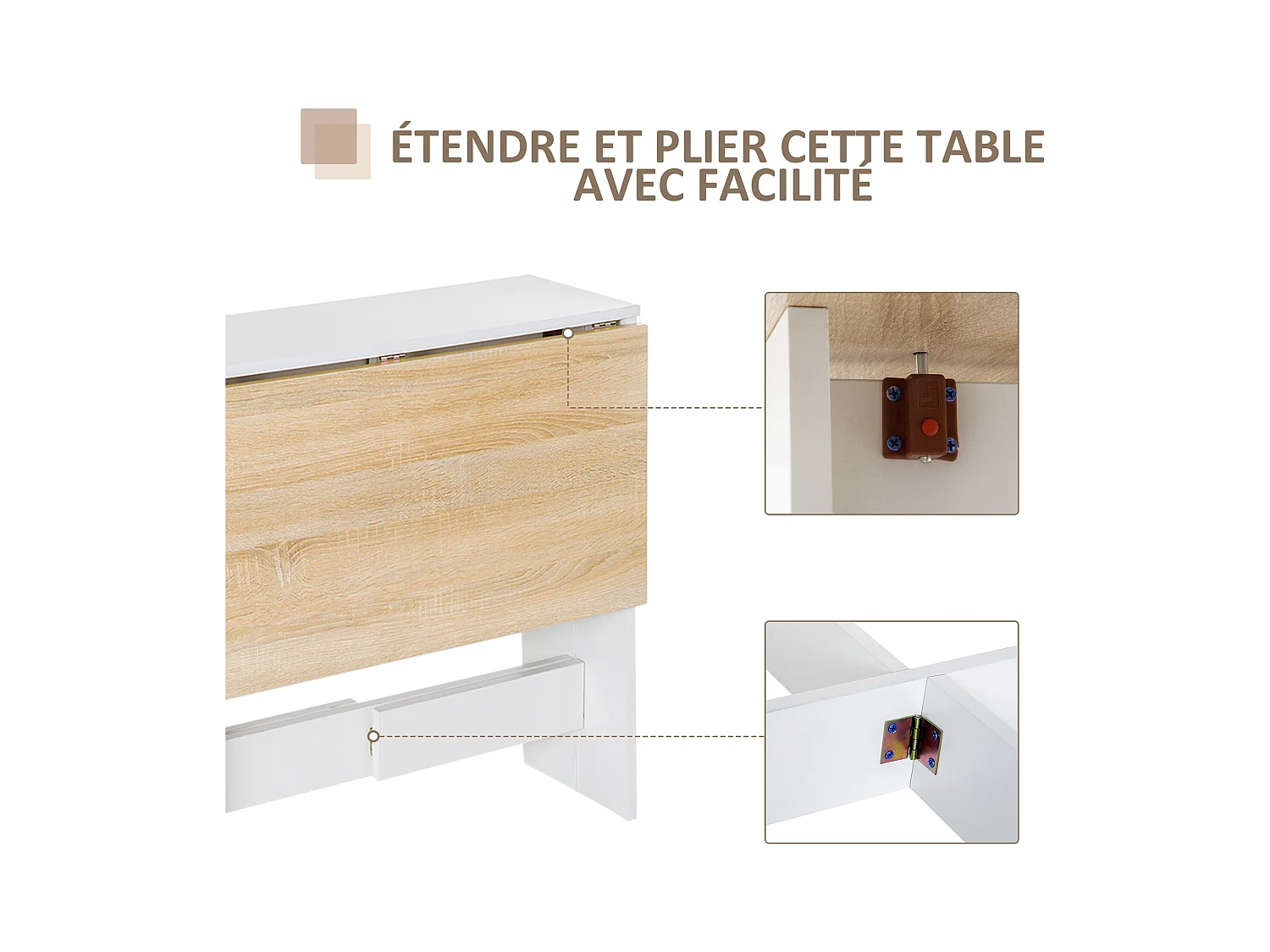 HOMCOM Table de cuisine pliable 103L x 76l x 74H cm panneaux particules bicolore chêne blanc