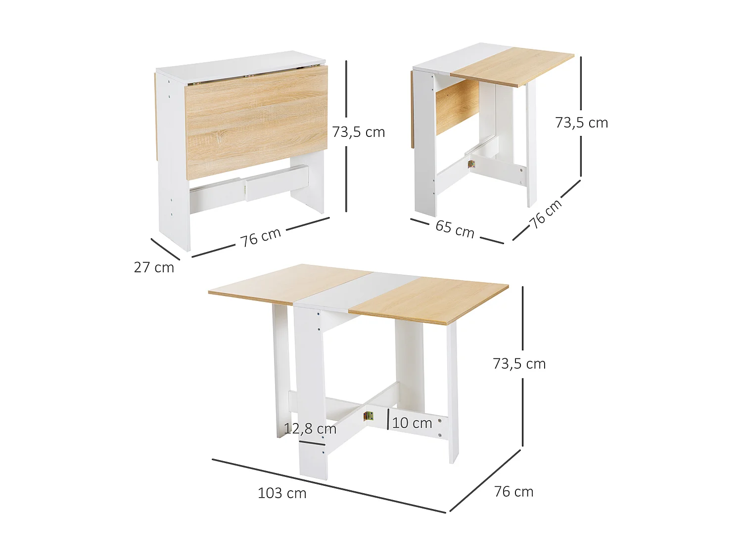 HOMCOM Table de cuisine pliable 103L x 76l x 74H cm panneaux particules bicolore chêne blanc