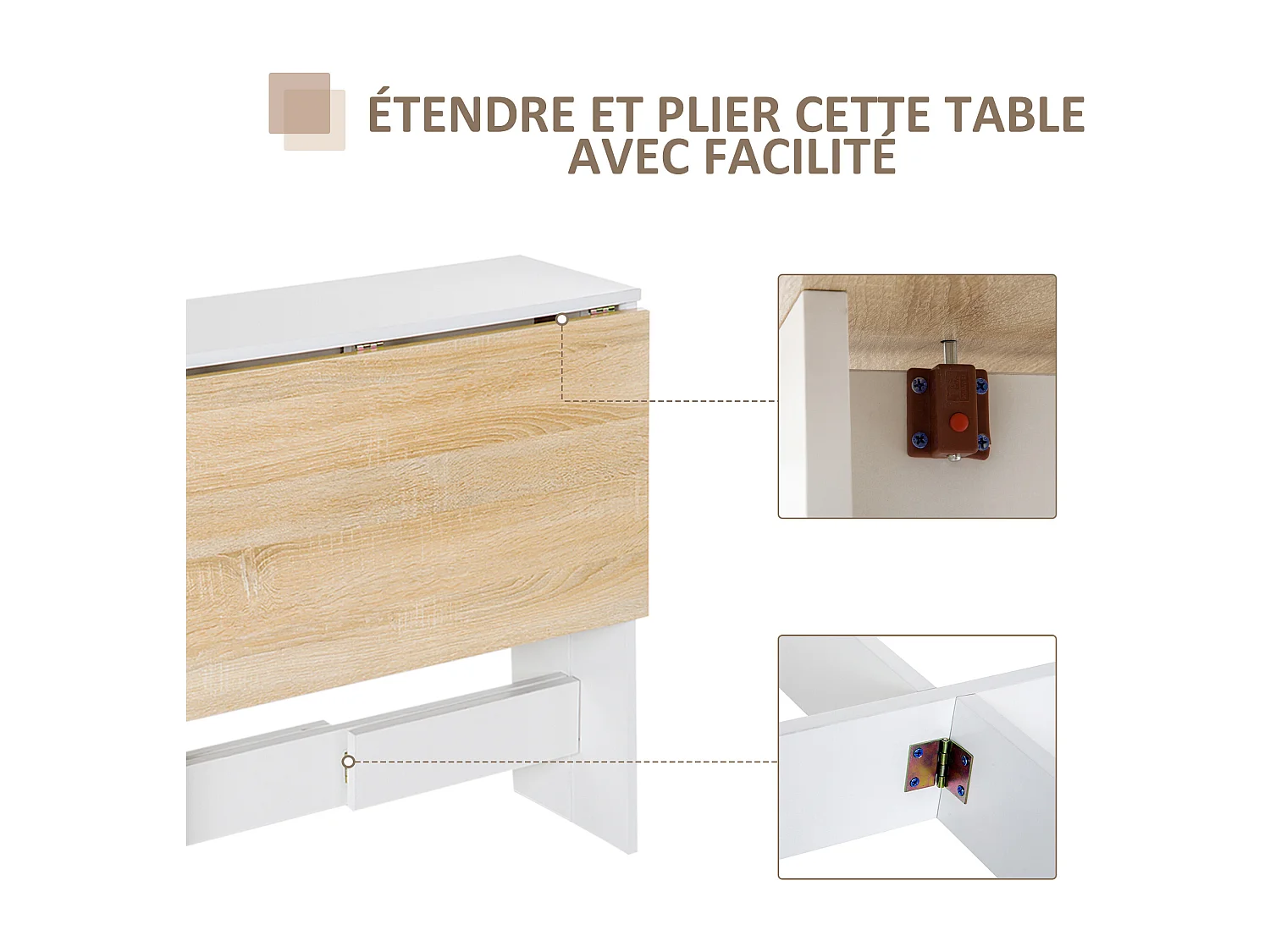 HOMCOM Table de cuisine pliable 103L x 76l x 74H cm panneaux particules bicolore chêne blanc
