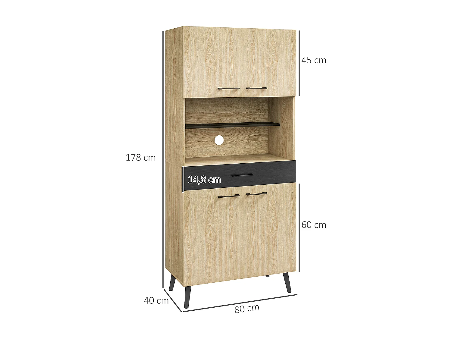 Buffet haut design industriel - 4 portes, 3 étagères, tiroir, niche - métal panneaux noir chêne clair