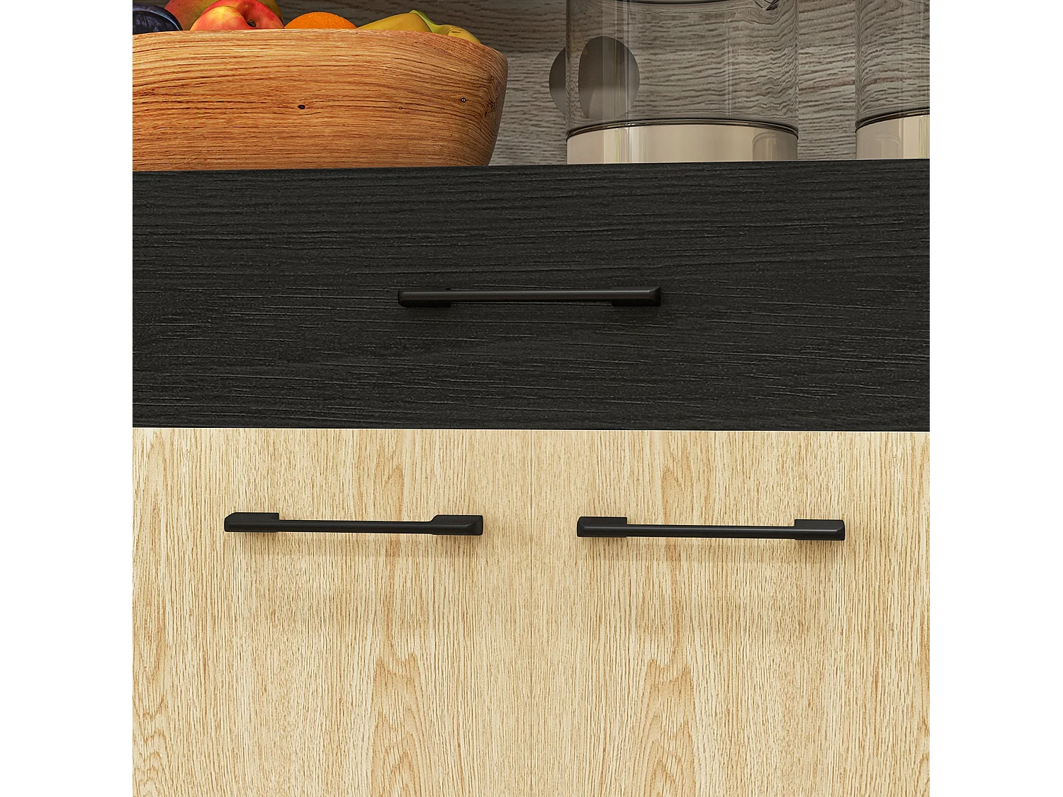 Buffet haut design industriel - 4 portes, 3 étagères, tiroir, niche - métal panneaux noir chêne clair