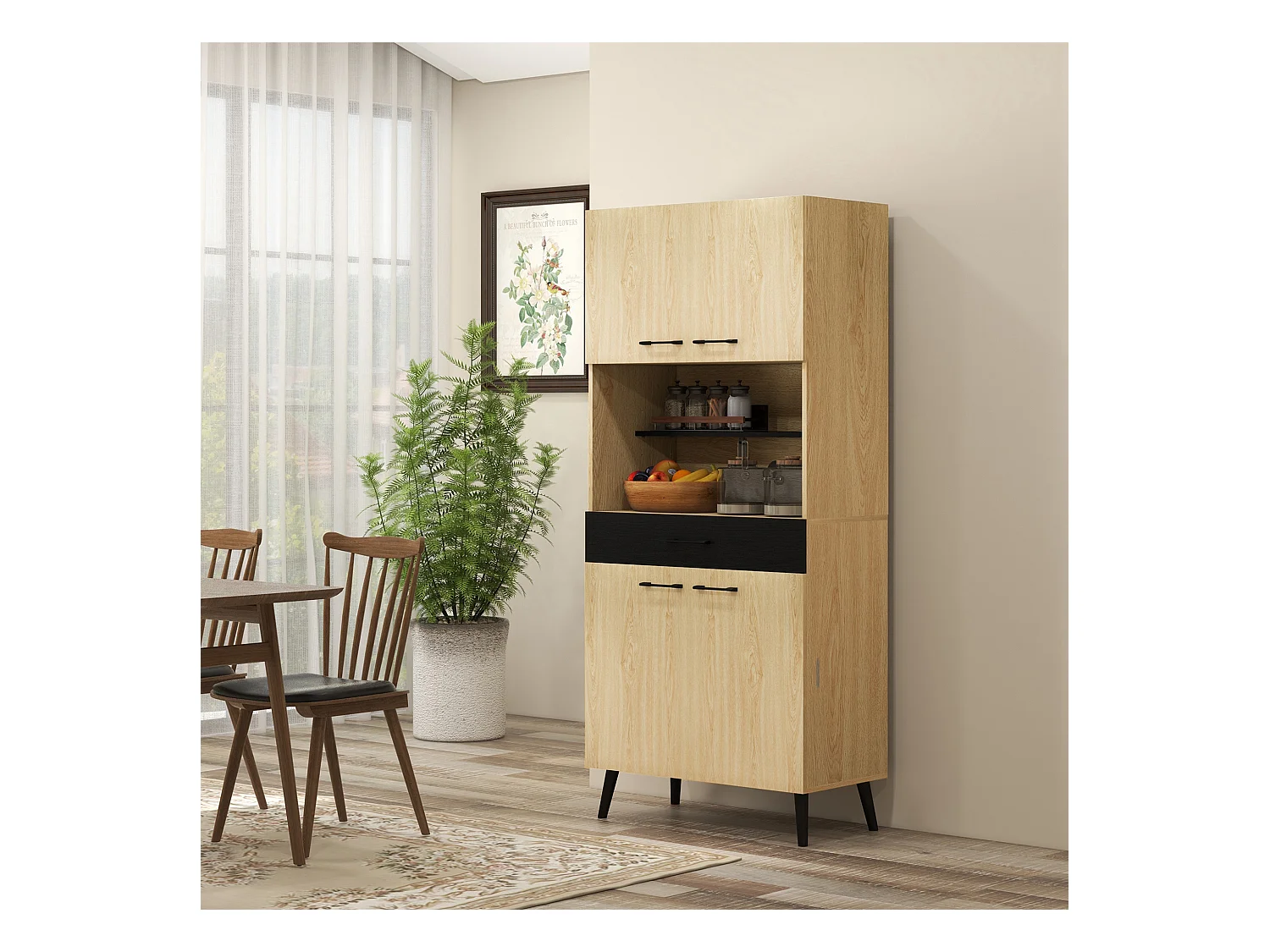 Buffet haut design industriel - 4 portes, 3 étagères, tiroir, niche - métal panneaux noir chêne clair