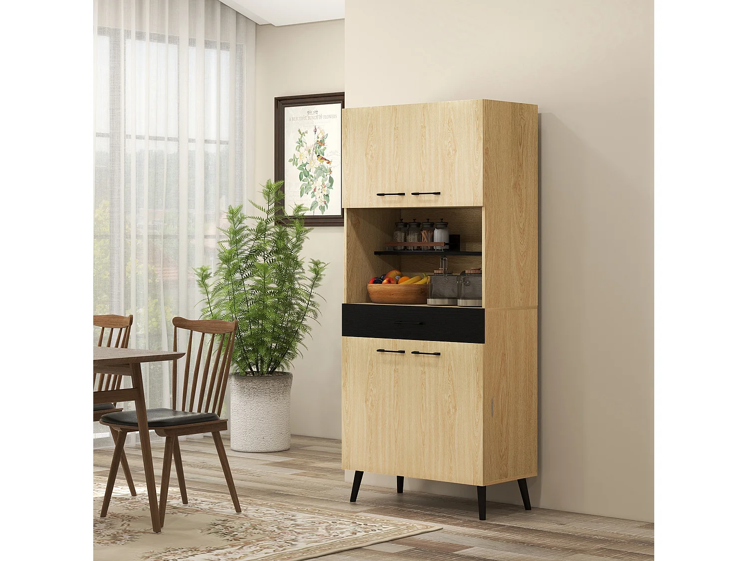 Buffet haut design industriel - 4 portes, 3 étagères, tiroir, niche - métal panneaux noir chêne clair