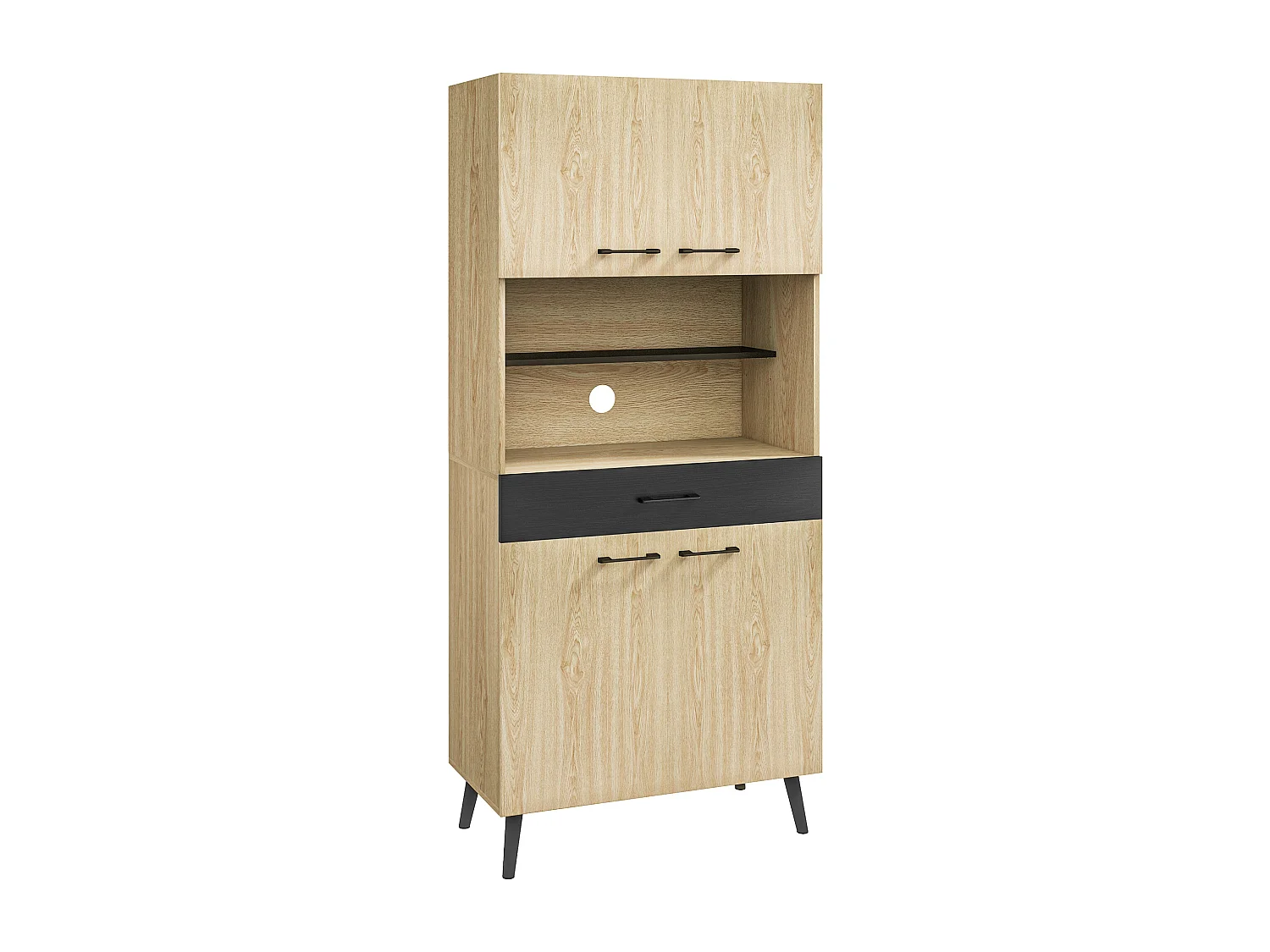 Buffet haut design industriel - 4 portes, 3 étagères, tiroir, niche - métal panneaux noir chêne clair