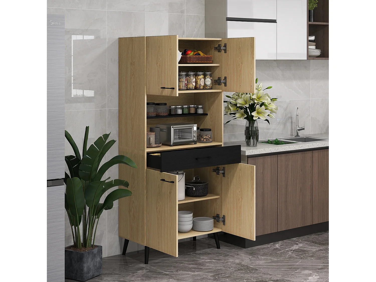 Buffet haut design industriel - 4 portes, 3 étagères, tiroir, niche - métal panneaux noir chêne clair