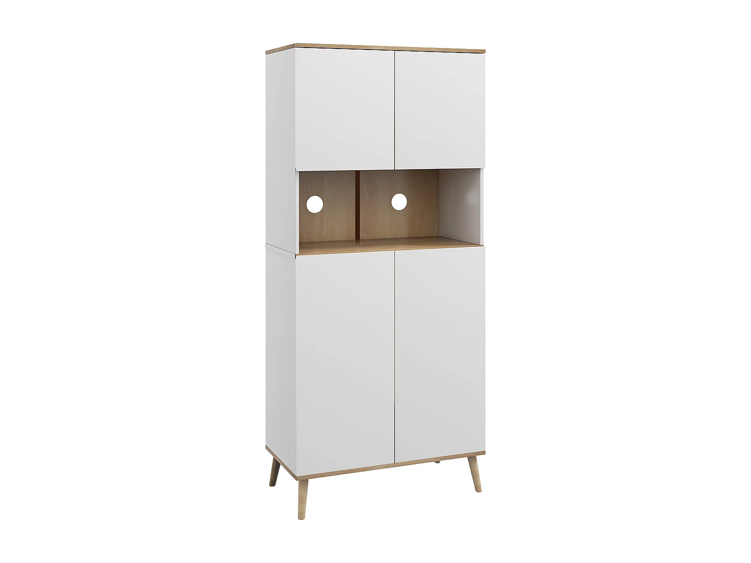 Buffet haut 4 portes 3 étagères réglables grande niche bois pin panneaux blanc aspect chêne clair