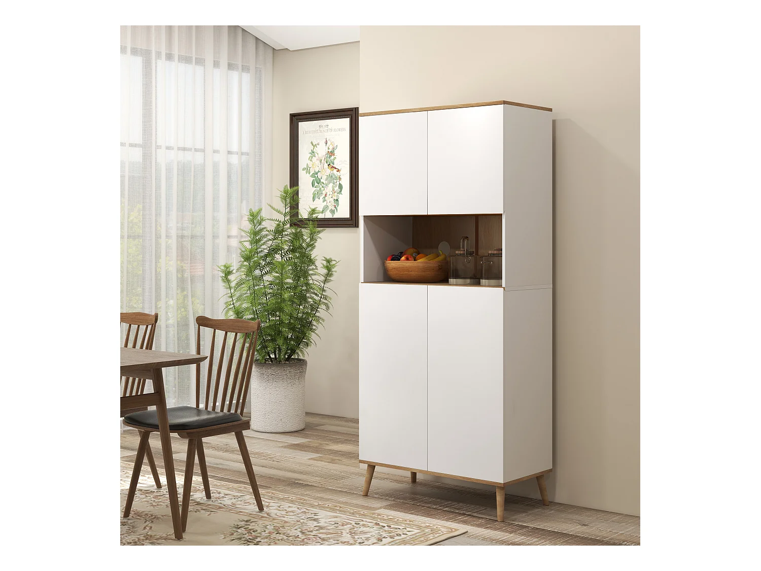 Buffet haut 4 portes 3 étagères réglables grande niche bois pin panneaux blanc aspect chêne clair
