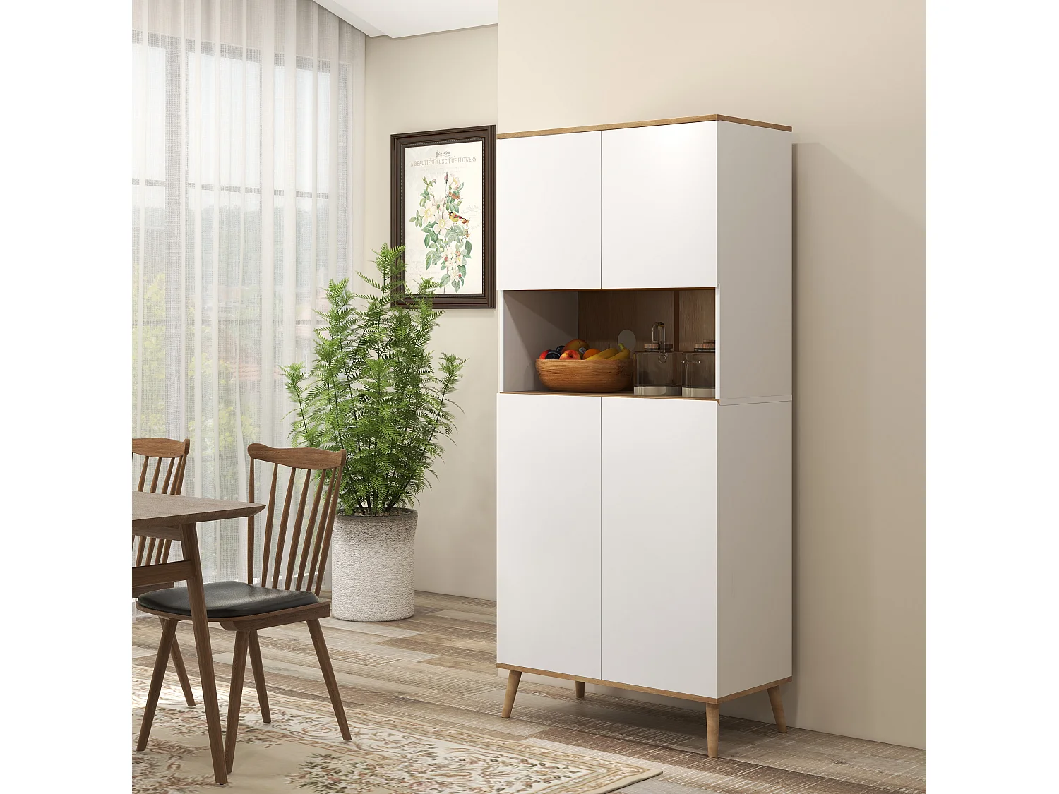 Buffet haut 4 portes 3 étagères réglables grande niche bois pin panneaux blanc aspect chêne clair