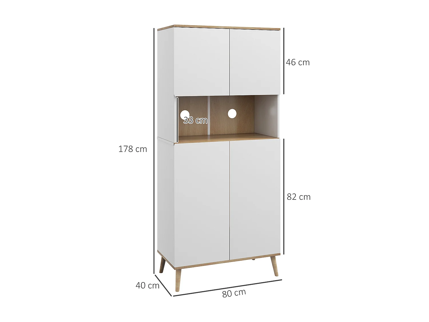 Buffet haut 4 portes 3 étagères réglables grande niche bois pin panneaux blanc aspect chêne clair