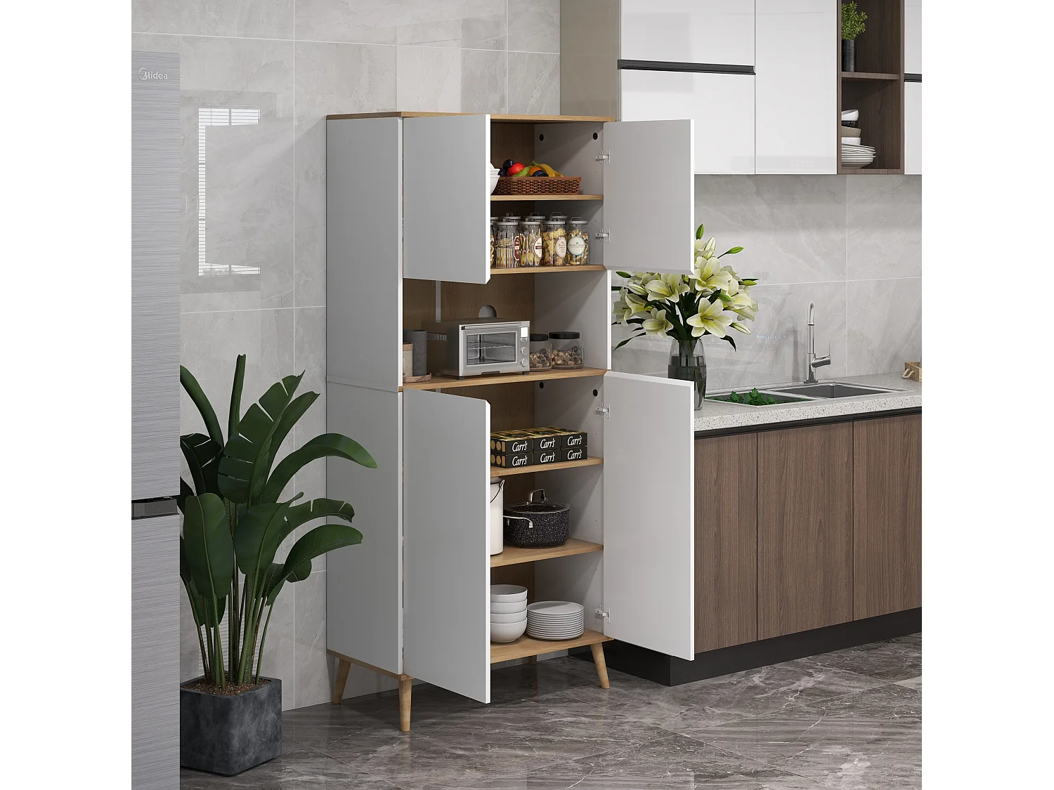 Buffet haut 4 portes 3 étagères réglables grande niche bois pin panneaux blanc aspect chêne clair