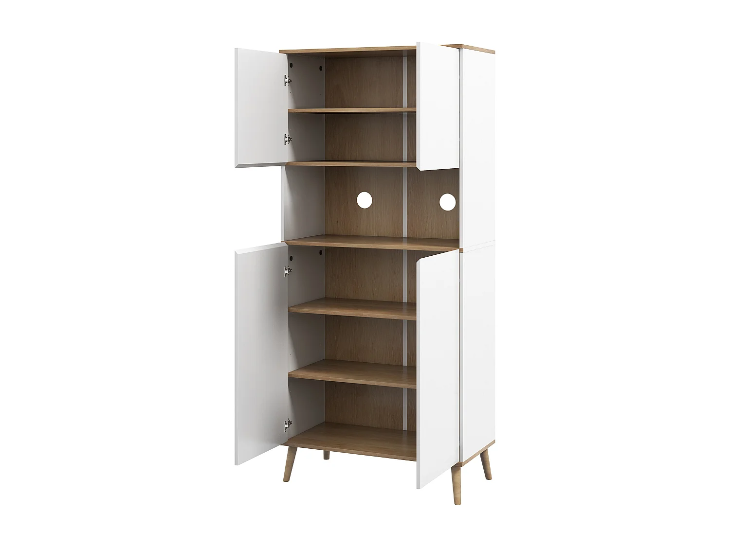 Buffet haut 4 portes 3 étagères réglables grande niche bois pin panneaux blanc aspect chêne clair